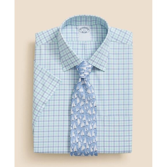 NEW BROOKS BROTHERS Stretch Ainsley SHORT SLEEVE Dress Shirt 15 TURQUO/AUTHENTIC